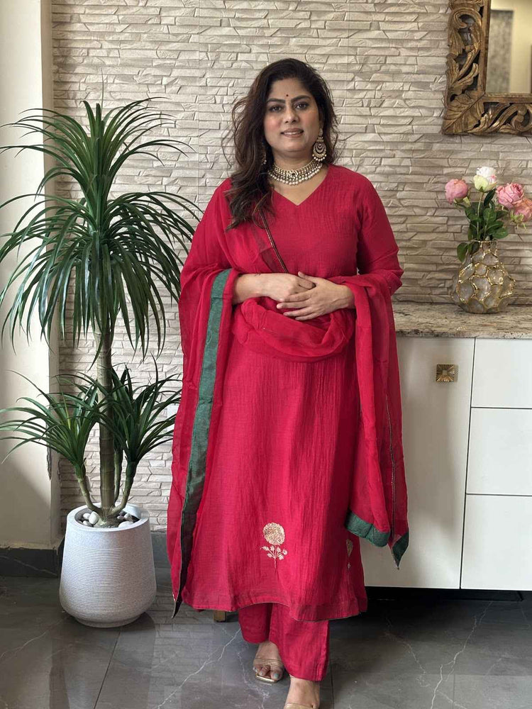 premium-banaras-mul-chanderi-hand-embroidered-a-line-suit-set-with-mul-cotton-lining-paired-with-organza-embroidered-dupatta-with-contrast-hacking-cheery-red-2