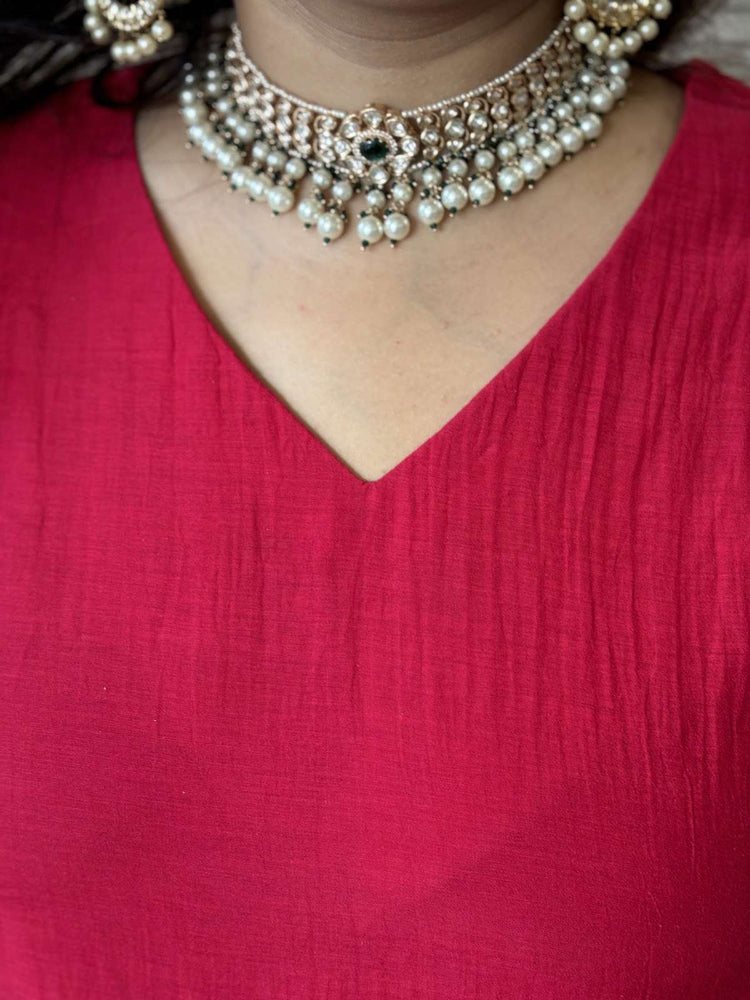 premium-banaras-mul-chanderi-hand-embroidered-a-line-suit-set-with-mul-cotton-lining-paired-with-organza-embroidered-dupatta-with-contrast-hacking-cheery-red-3