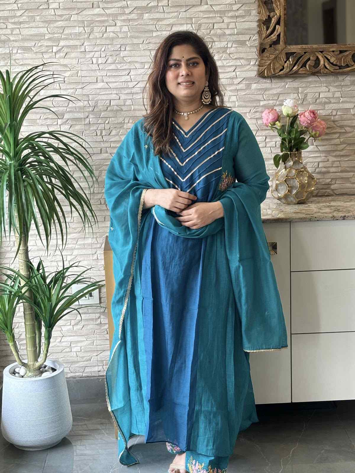 premium-banaras-mul-chanderi-hand-embroidered-a-line-suit-set-with-side-gathers-embroidered-malai-cotton-pant-mul-chanderi-dupatta-bluish-green-2