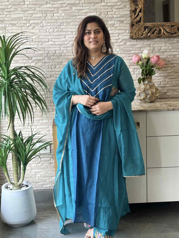 premium-banaras-mul-chanderi-hand-embroidered-a-line-suit-set-with-side-gathers-embroidered-malai-cotton-pant-mul-chanderi-dupatta-bluish-green-2