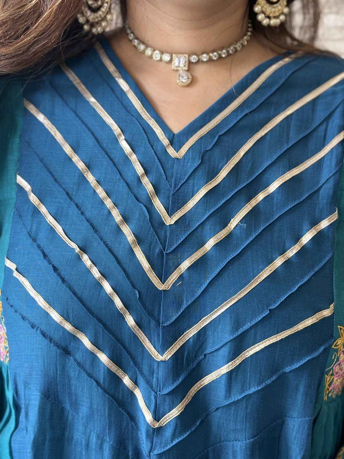 premium-banaras-mul-chanderi-hand-embroidered-a-line-suit-set-with-side-gathers-embroidered-malai-cotton-pant-mul-chanderi-dupatta-bluish-green-3