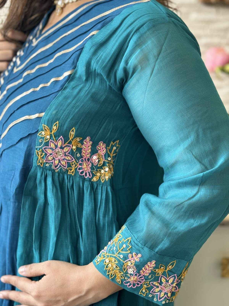 premium-banaras-mul-chanderi-hand-embroidered-a-line-suit-set-with-side-gathers-embroidered-malai-cotton-pant-mul-chanderi-dupatta-bluish-green-4