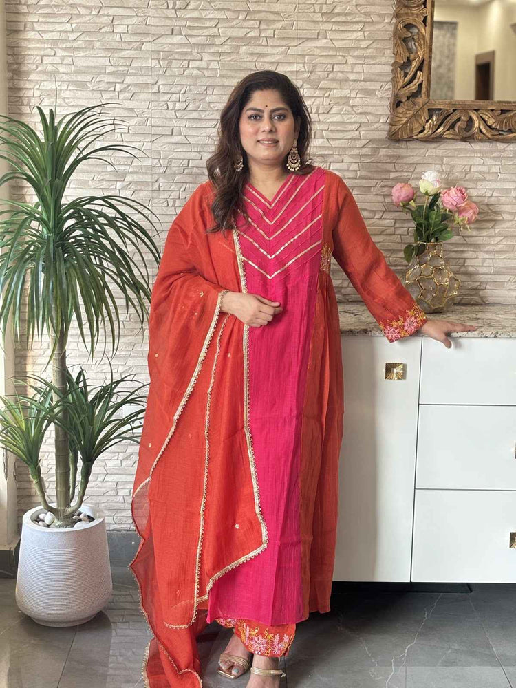premium-banaras-mul-chanderi-hand-embroidered-a-line-suit-set-with-side-gathers-embroidered-malai-cotton-pant-mul-chanderi-dupatta-bluish-rani-1