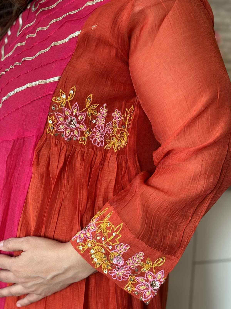 premium-banaras-mul-chanderi-hand-embroidered-a-line-suit-set-with-side-gathers-embroidered-malai-cotton-pant-mul-chanderi-dupatta-bluish-rani-3