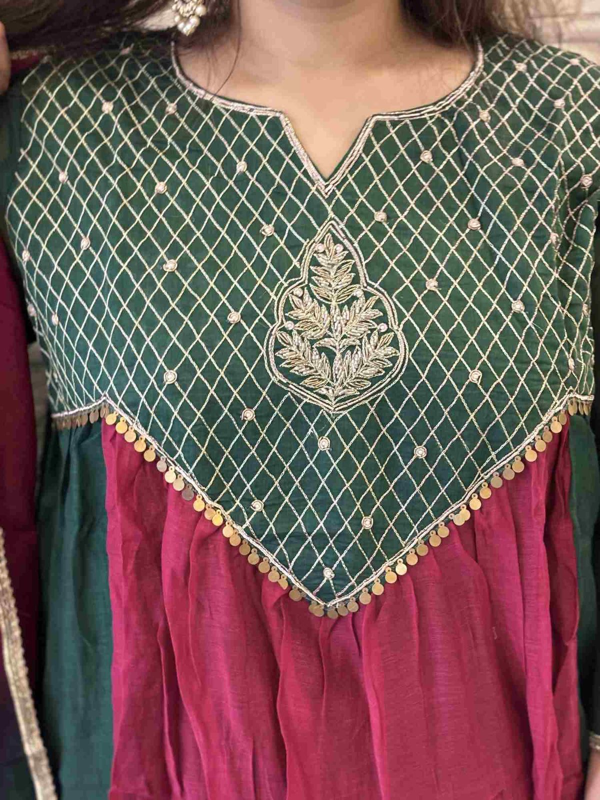 premium-banaras-mul-chanderi-hand-embroidered-suit-set-with-gathers-mul-cotton-lining-paired-with-organza-tie-dye-dupatta-bottle-green-and-rani-2