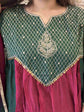 premium-banaras-mul-chanderi-hand-embroidered-suit-set-with-gathers-mul-cotton-lining-paired-with-organza-tie-dye-dupatta-bottle-green-and-rani-2