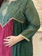 premium-banaras-mul-chanderi-hand-embroidered-suit-set-with-gathers-mul-cotton-lining-paired-with-organza-tie-dye-dupatta-bottle-green-and-rani-3