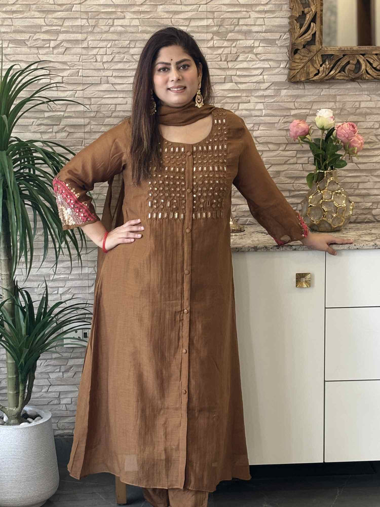 premium-banaras-mul-chanderi-mirror-work-hand-embroidered-a-line-suit-set-brown-1