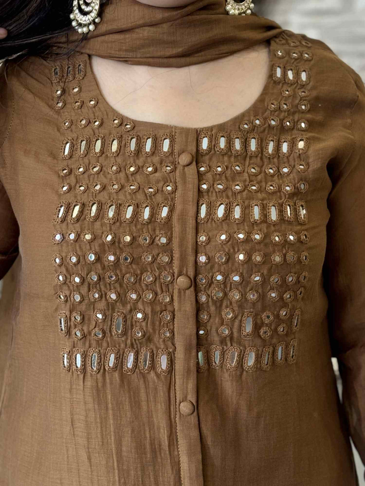 premium-banaras-mul-chanderi-mirror-work-hand-embroidered-a-line-suit-set-brown-2