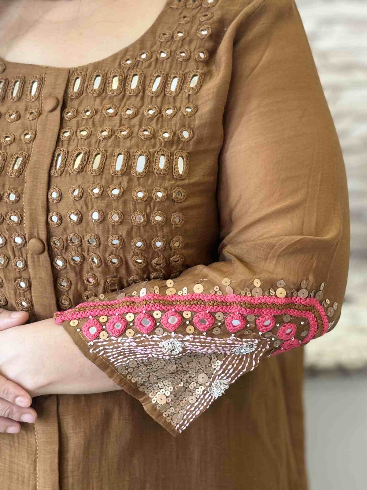 premium-banaras-mul-chanderi-mirror-work-hand-embroidered-a-line-suit-set-brown-3
