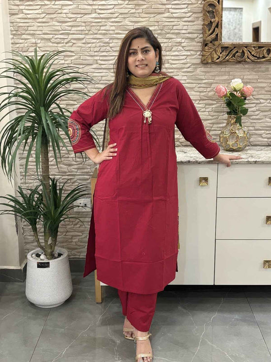 premium-cambric-cotton-a-line-embroidered-suit-set-with-pockets-paired-with-digital-print-mul-cotton-dupatta-cheery-red-1