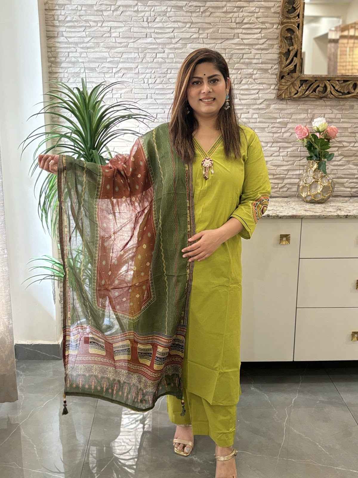 premium-cambric-cotton-a-line-embroidered-suit-set-with-pockets-paired-with-digital-print-mul-cotton-dupatta-parrot-green-1
