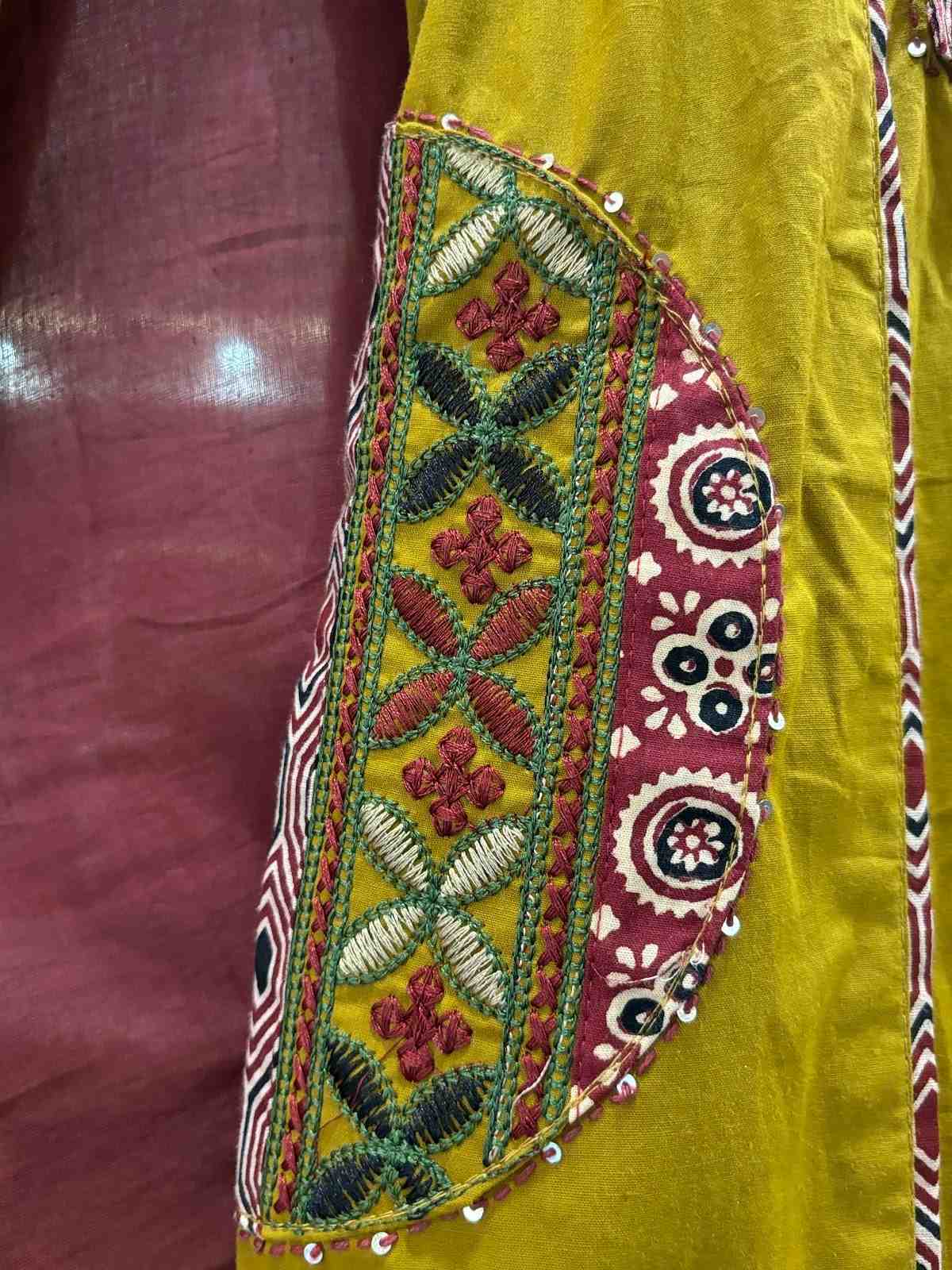 premium-cambric-cotton-applique-work-embroidered-suit-set-paired-with-mul-cotton-hand-block-print-dupatta-mustard-yellow-4