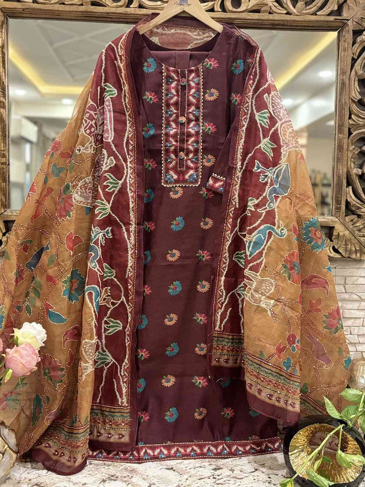 premium-chanderi-katha-work-straight-fit-suit-set-with-mul-cotton-lining-paired-with-chanderi-kantha-githan-work-dupatta-dark-wine-1