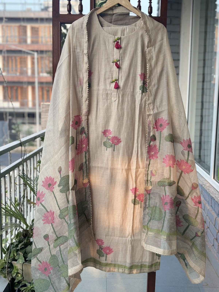 premium-chanderi-pichwai-jamdani-weaving-straight-suit-set-with-cotton-lining-beige-1