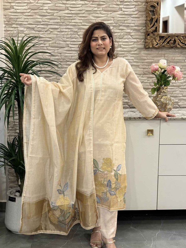 premium-chanderi-straight-fit-suit-set-with-tissue-border-applique-dori-work-paired-with-tissue-chanderi-embroidered-dupatta-beige-1