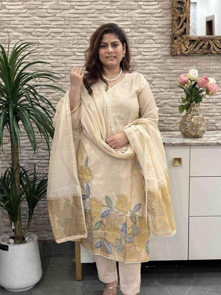 premium-chanderi-straight-fit-suit-set-with-tissue-border-applique-dori-work-paired-with-tissue-chanderi-embroidered-dupatta-beige-2