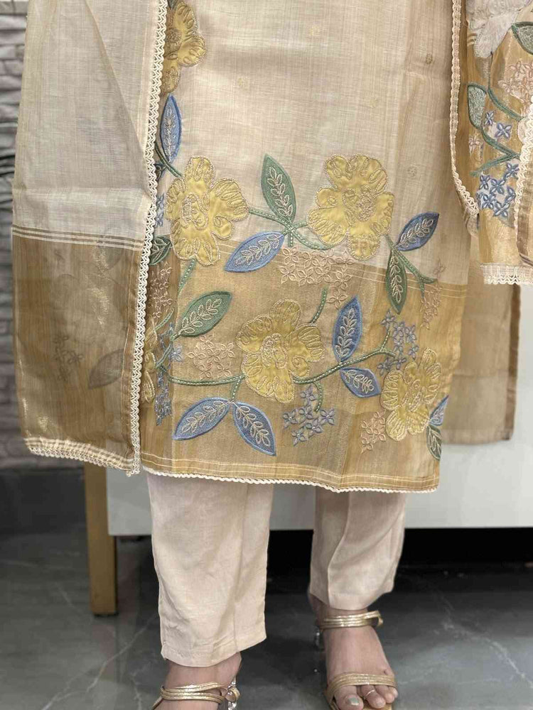 premium-chanderi-straight-fit-suit-set-with-tissue-border-applique-dori-work-paired-with-tissue-chanderi-embroidered-dupatta-beige-5