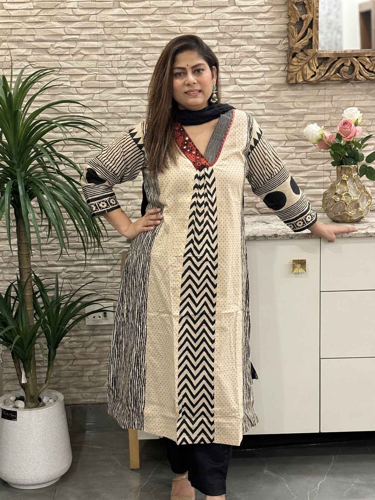 premium-cotton-ajrakh-print-a-line-suit-set-with-kutch-work-neck-black-and-beige-1