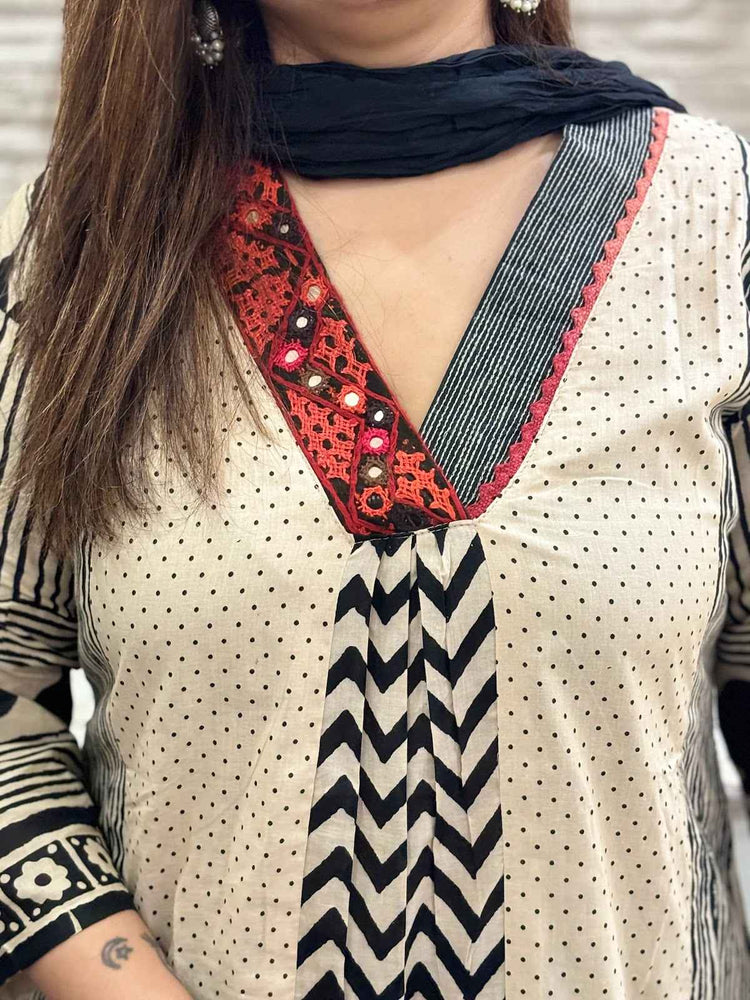 premium-cotton-ajrakh-print-a-line-suit-set-with-kutch-work-neck-black-and-beige-2