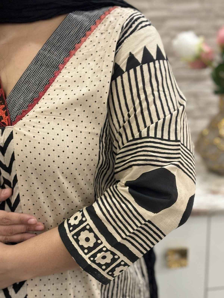 premium-cotton-ajrakh-print-a-line-suit-set-with-kutch-work-neck-black-and-beige-3