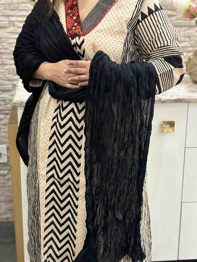 premium-cotton-ajrakh-print-a-line-suit-set-with-kutch-work-neck-black-and-beige-4