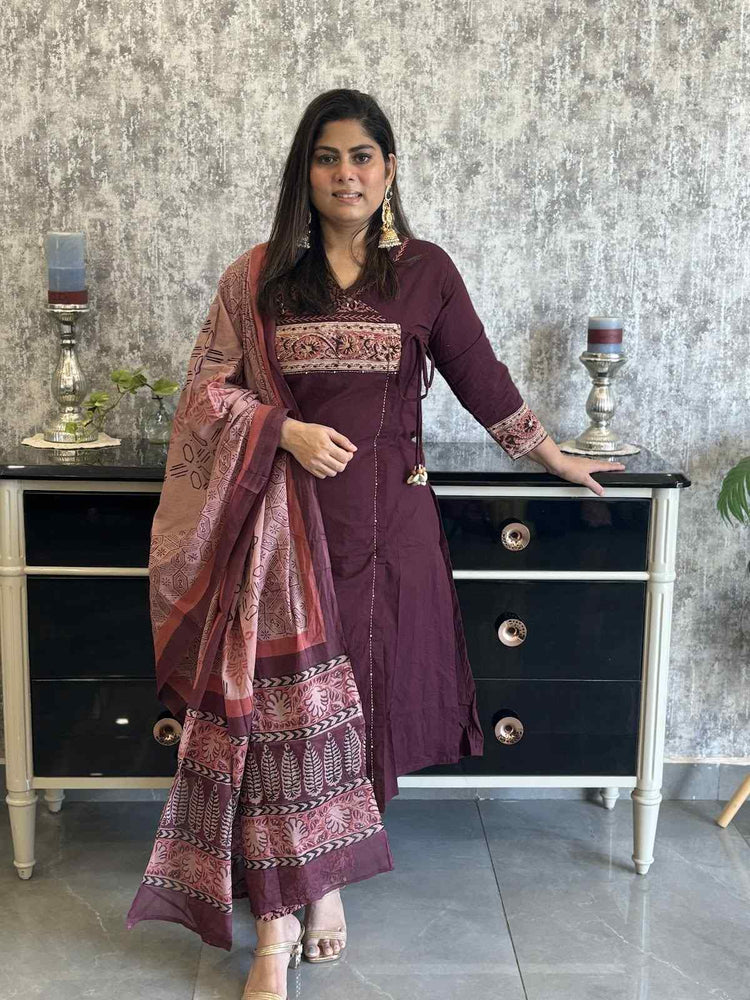 premium-cotton-angrakha-style-suit-set-with-ajrakh-patch-work-at-front-back-paired-with-mul-cotton-block-print-dupatta-cotton-ajrakh-pants-dark-wine-1