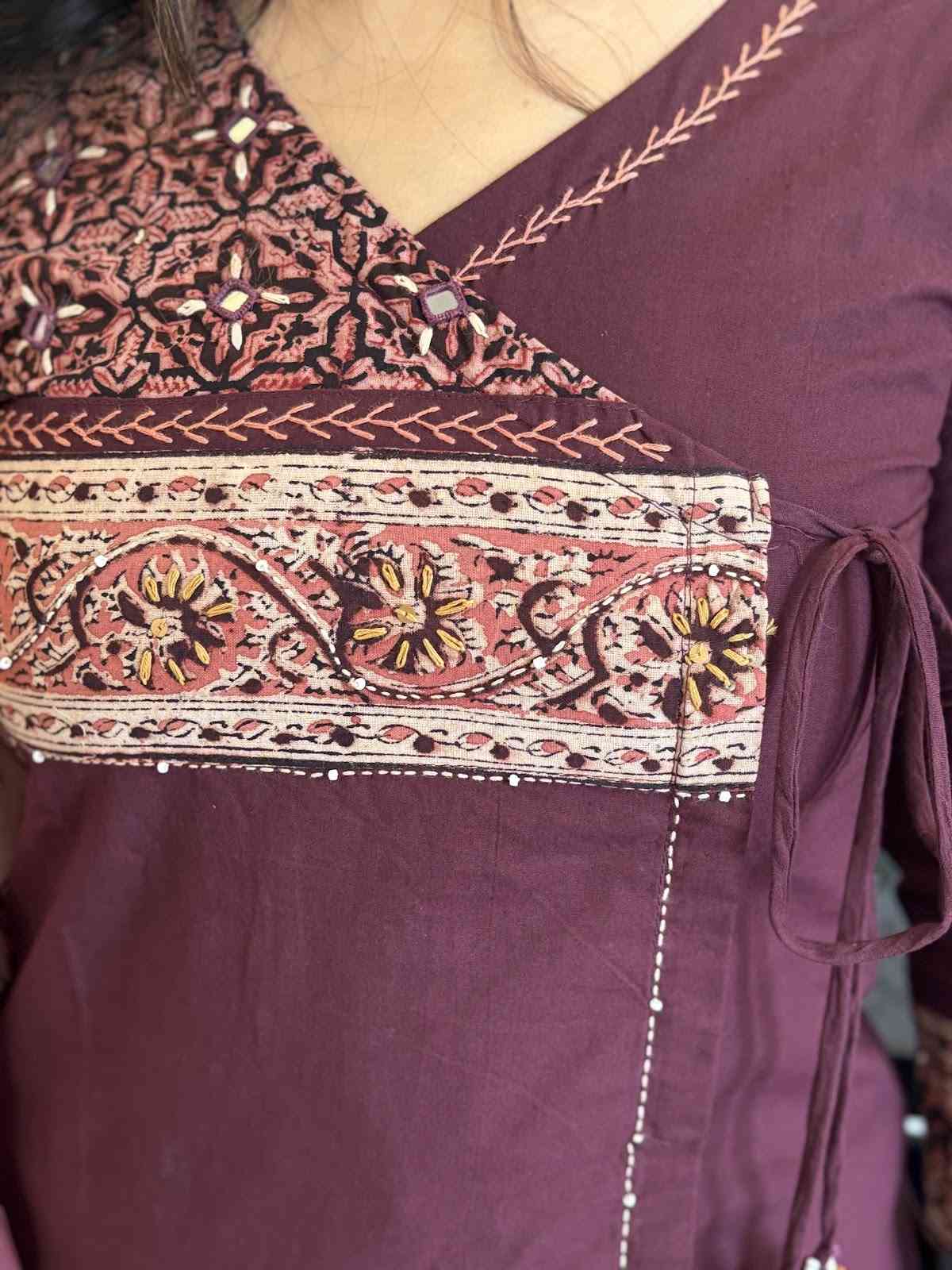 premium-cotton-angrakha-style-suit-set-with-ajrakh-patch-work-at-front-back-paired-with-mul-cotton-block-print-dupatta-cotton-ajrakh-pants-dark-wine-2