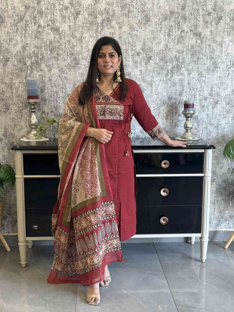 premium-cotton-angrakha-style-suit-set-with-ajrakh-patch-work-at-front-back-paired-with-mul-cotton-block-print-dupatta-cotton-ajrakh-pants-maroon-1