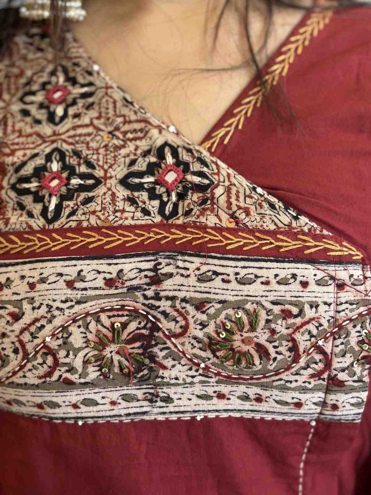 premium-cotton-angrakha-style-suit-set-with-ajrakh-patch-work-at-front-back-paired-with-mul-cotton-block-print-dupatta-cotton-ajrakh-pants-maroon-2