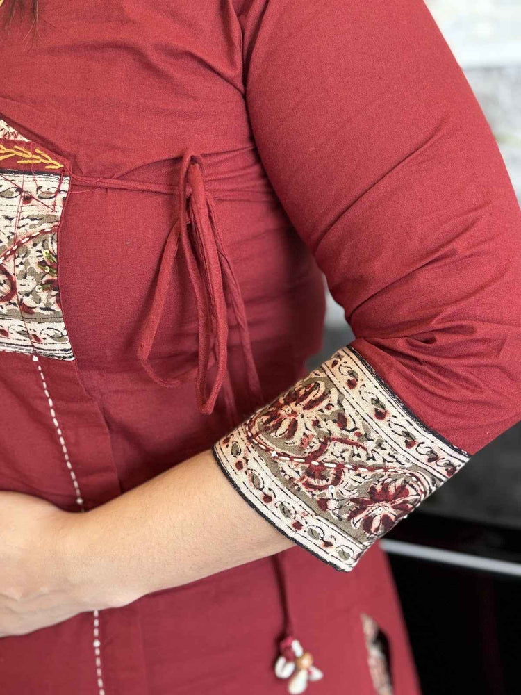 premium-cotton-angrakha-style-suit-set-with-ajrakh-patch-work-at-front-back-paired-with-mul-cotton-block-print-dupatta-cotton-ajrakh-pants-maroon-3