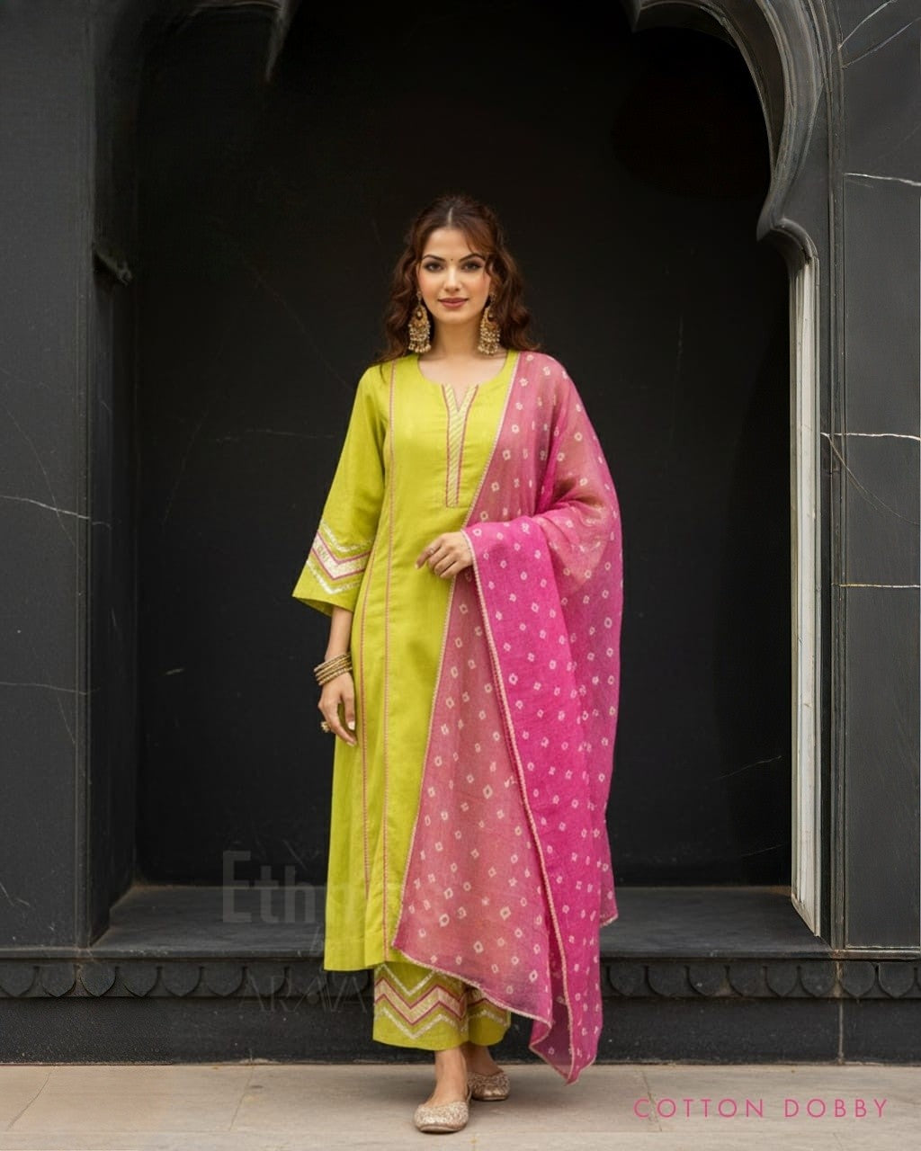 premium-cotton-dobby-a-line-suit-set-with-lining-paired-with-cotton-lurex-gota-work-pant-kota-doria-bandhni-print-dupatta-green-1