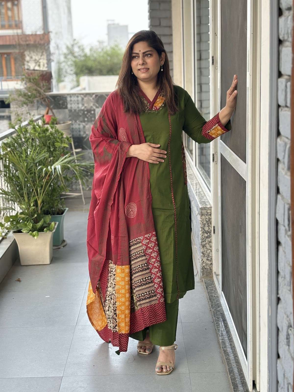 premium-cotton-embroidered-a-line-suit-set-with-embroidery-at-back-pockets-paired-with-cotton-patch-work-dupatta-mehendi-green-1