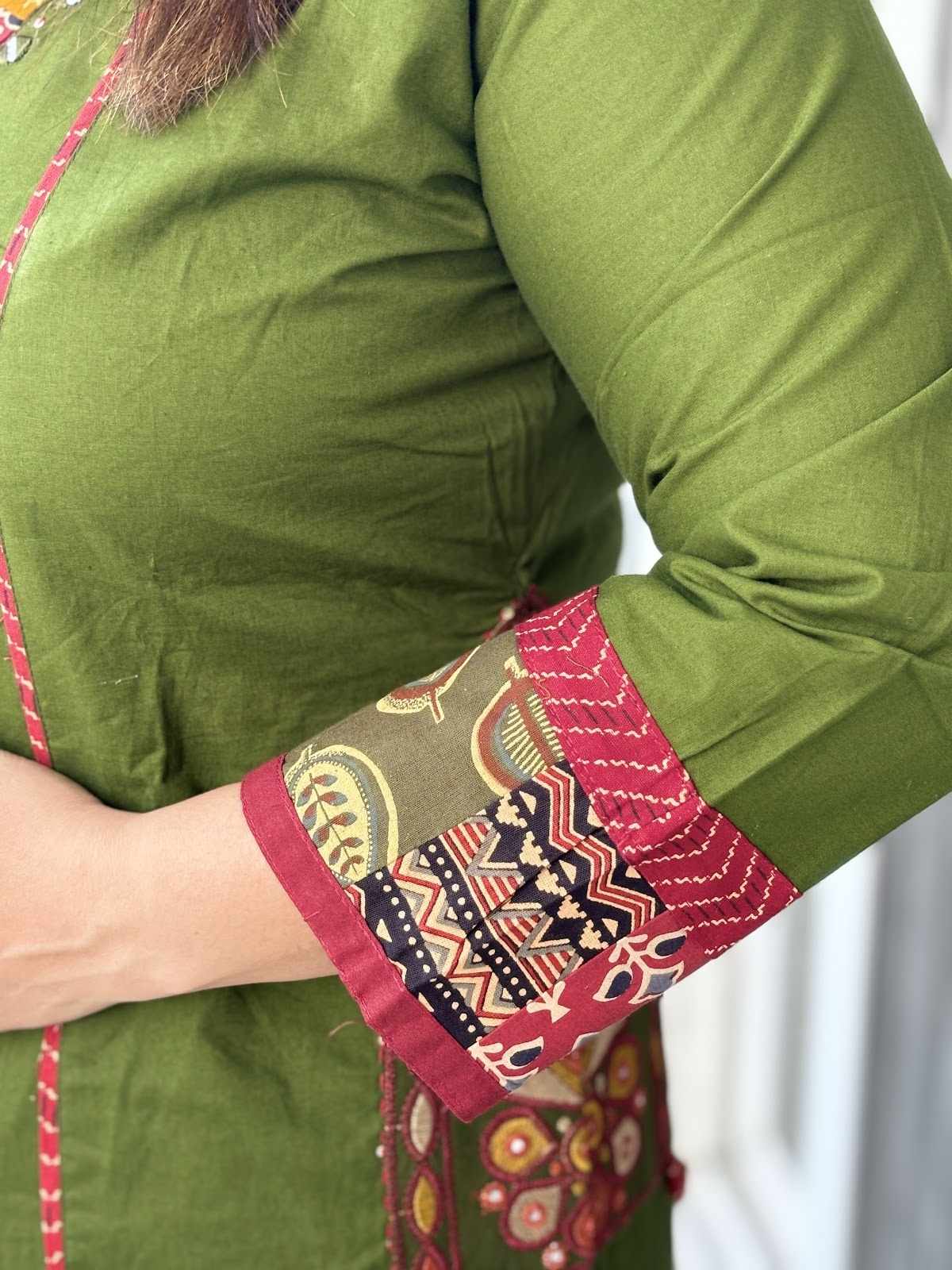 premium-cotton-embroidered-a-line-suit-set-with-embroidery-at-back-pockets-paired-with-cotton-patch-work-dupatta-mehendi-green-3