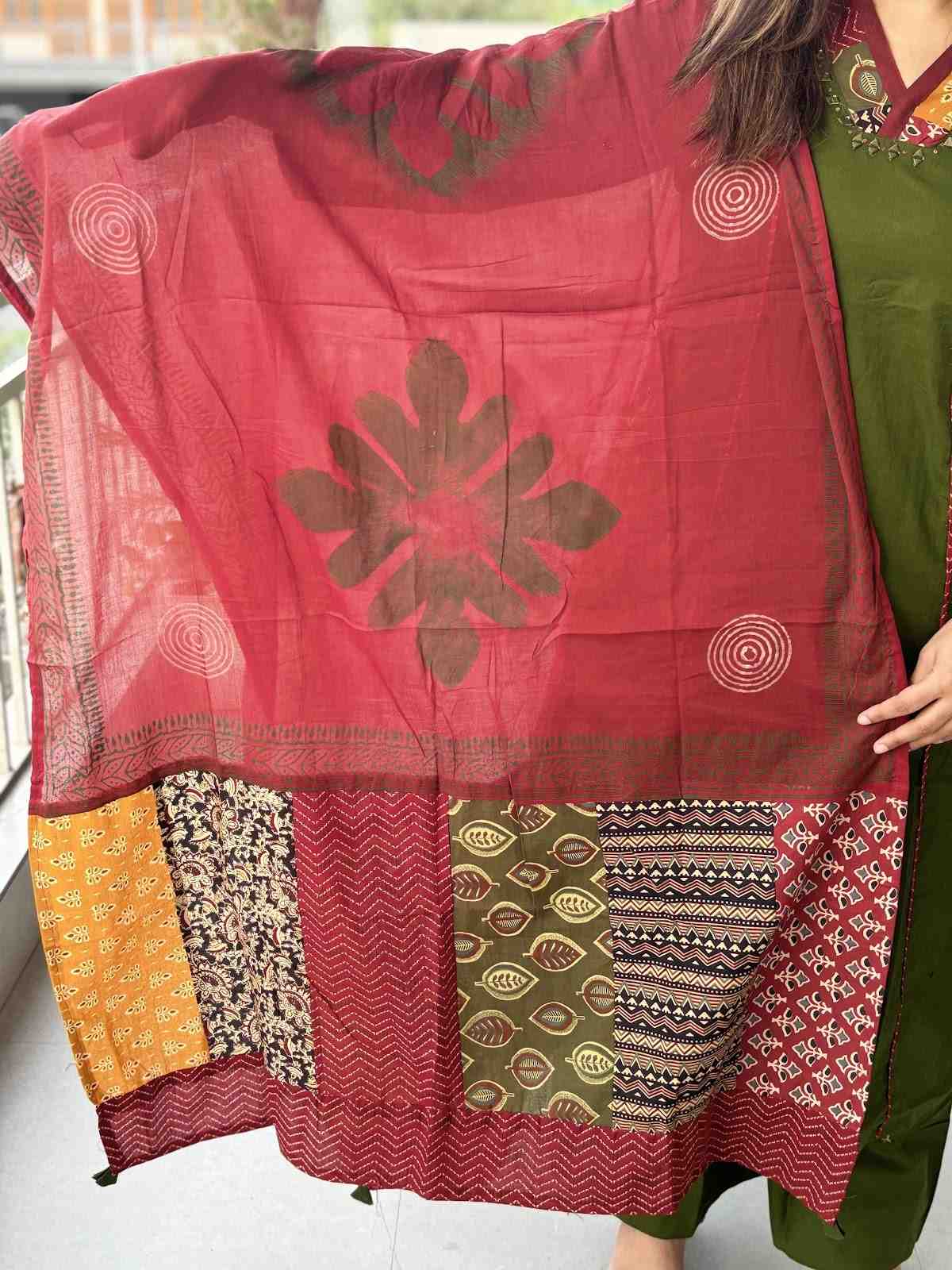 premium-cotton-embroidered-a-line-suit-set-with-embroidery-at-back-pockets-paired-with-cotton-patch-work-dupatta-mehendi-green-4