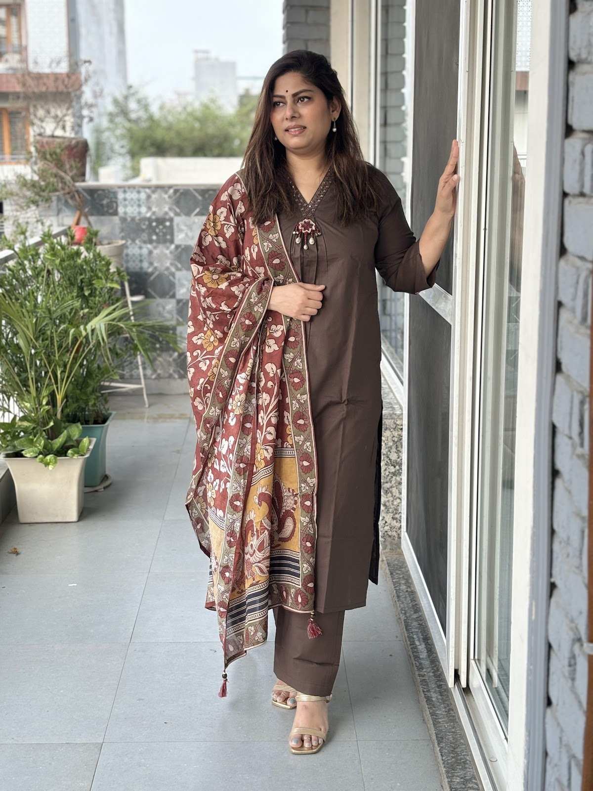 premium-cotton-embroidered-suit-set-paired-with-kalamkari-print-cotton-dupatta-dark-brown-1
