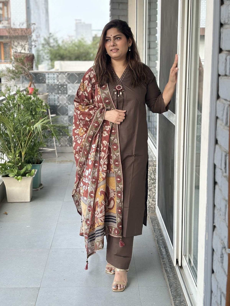 premium-cotton-embroidered-suit-set-paired-with-kalamkari-print-cotton-dupatta-dark-brown-1