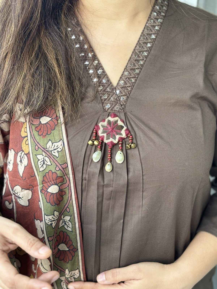 premium-cotton-embroidered-suit-set-paired-with-kalamkari-print-cotton-dupatta-dark-brown-2