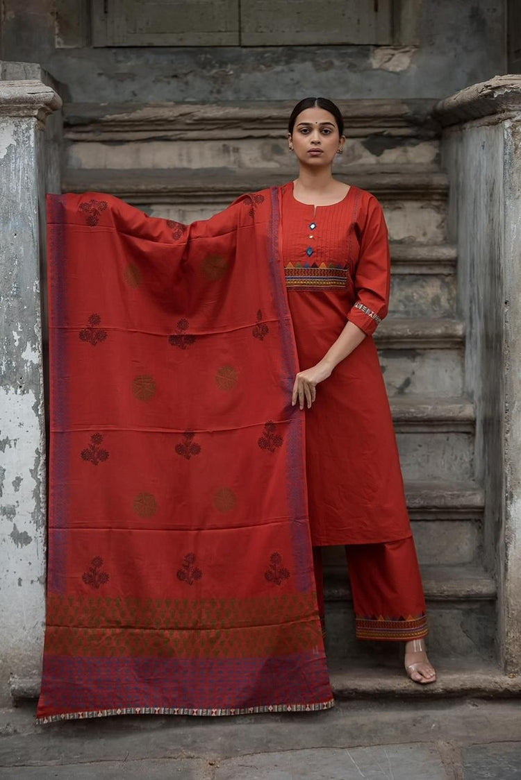 premium-cotton-hand-embroidered-pant-set-with-cotton-handblock-print-dupatta-brick-red-1
