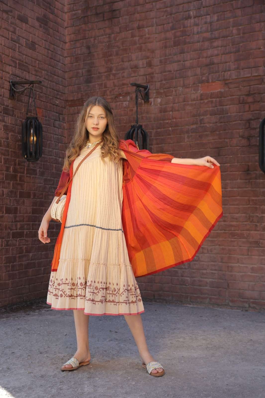 premium-cotton-jamdani-shrug-style-dress-with-lining-pockets-orange-5