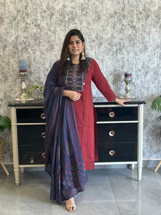 premium-cotton-mirror-work-a-line-suit-set-with-block-print-cotton-dupatta-maroon-1