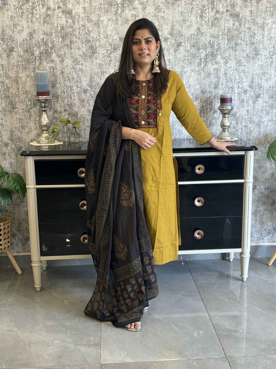 premium-cotton-mirror-work-a-line-suit-set-with-block-print-cotton-dupatta-mustard-1