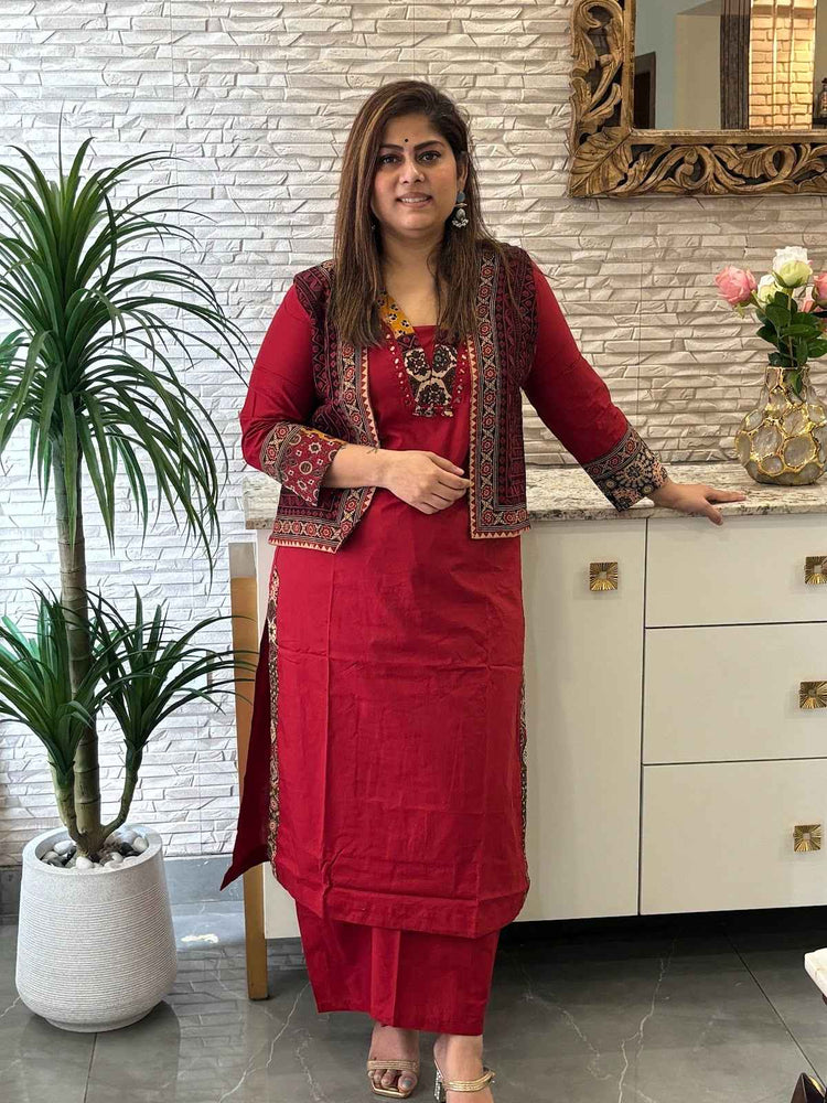 premium-cotton-pant-set-with-embroidered-jacket-maroon-1