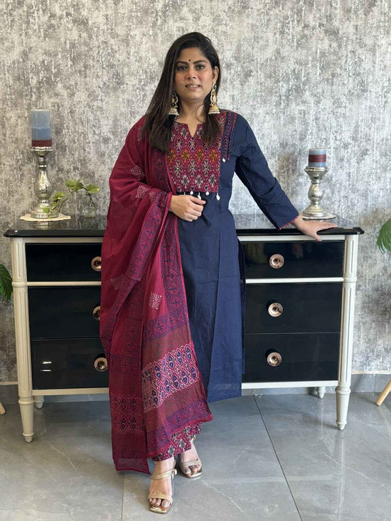 premium-cotton-suit-with-ikkat-patch-work-at-front-back-with-katha-shell-work-paired-with-block-print-mul-cotton-dupatta-blue-1
