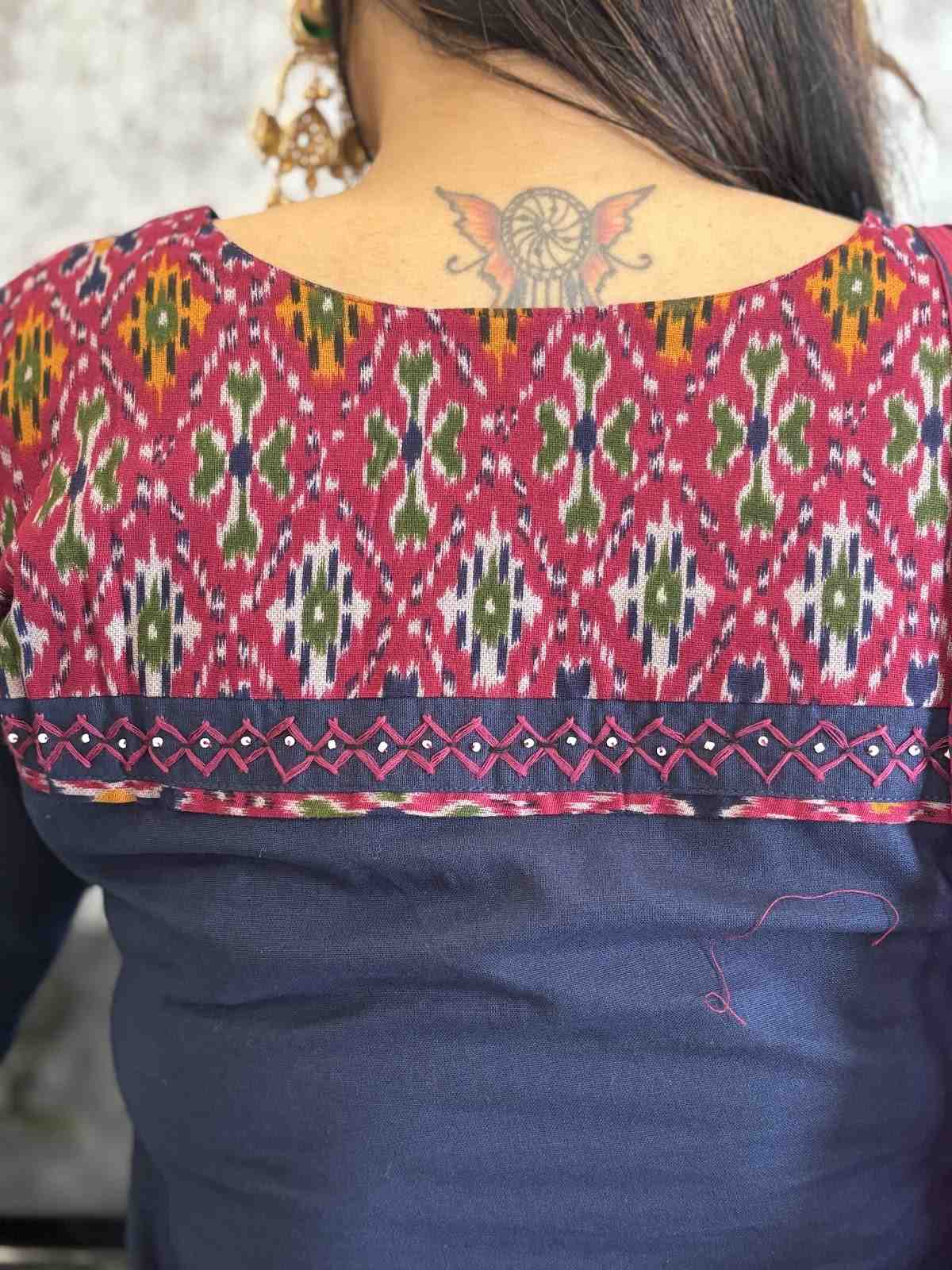 premium-cotton-suit-with-ikkat-patch-work-at-front-back-with-katha-shell-work-paired-with-block-print-mul-cotton-dupatta-blue-3