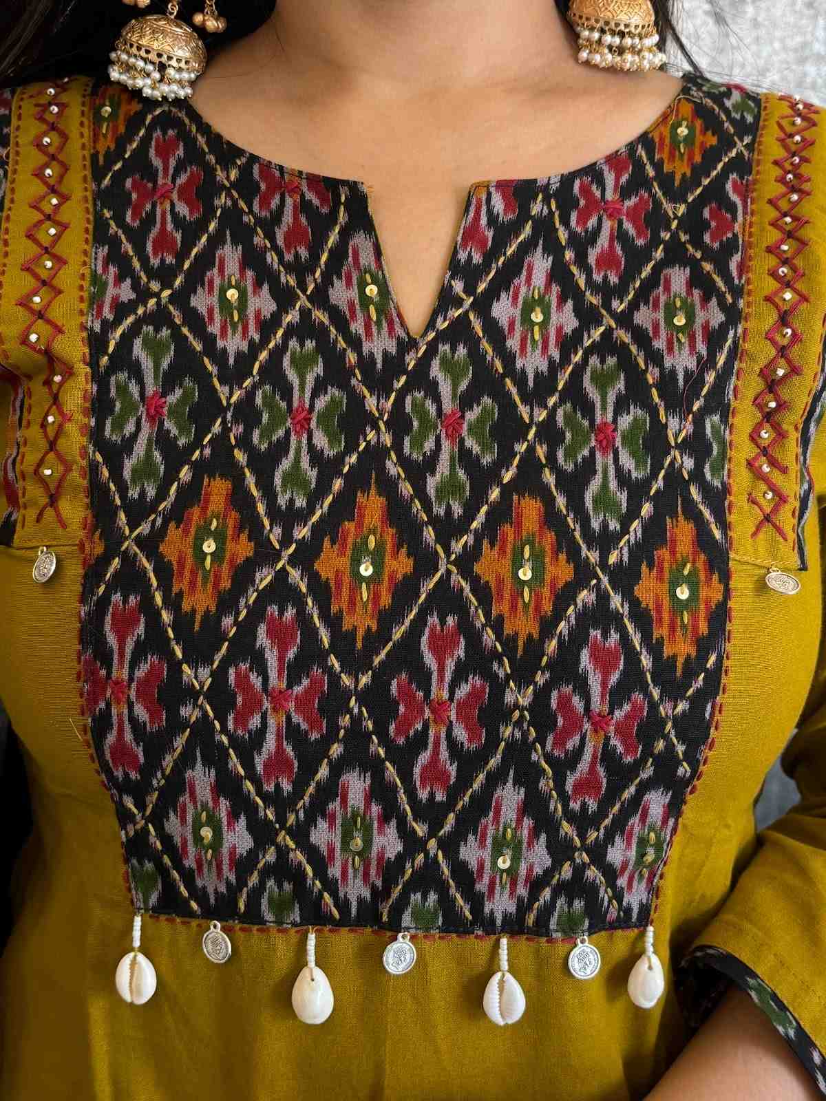 premium-cotton-suit-with-ikkat-patch-work-at-front-back-with-katha-shell-work-paired-with-block-print-mul-cotton-dupatta-mustard-green-2