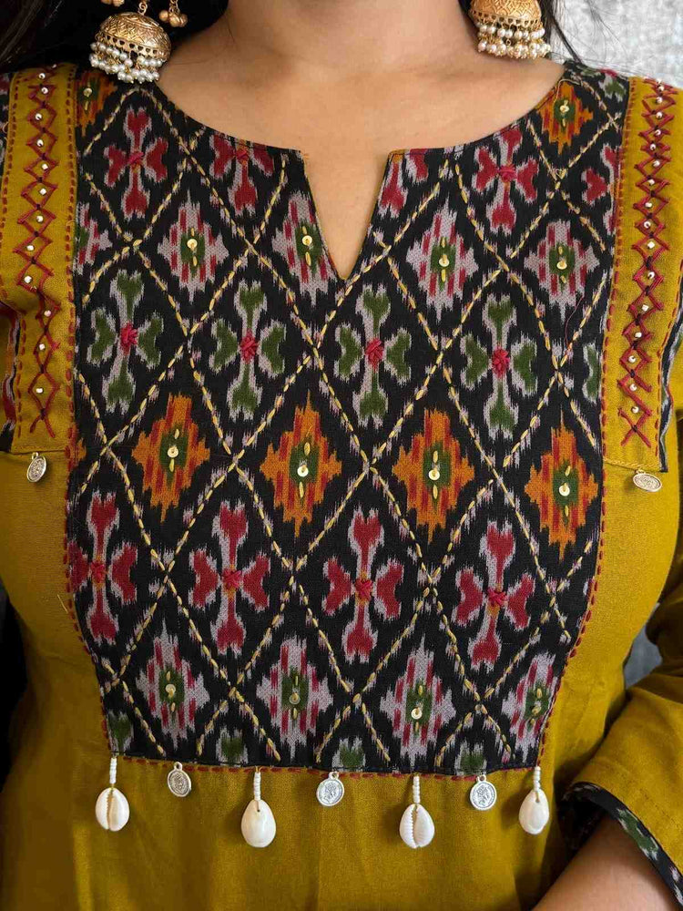premium-cotton-suit-with-ikkat-patch-work-at-front-back-with-katha-shell-work-paired-with-block-print-mul-cotton-dupatta-mustard-green-2