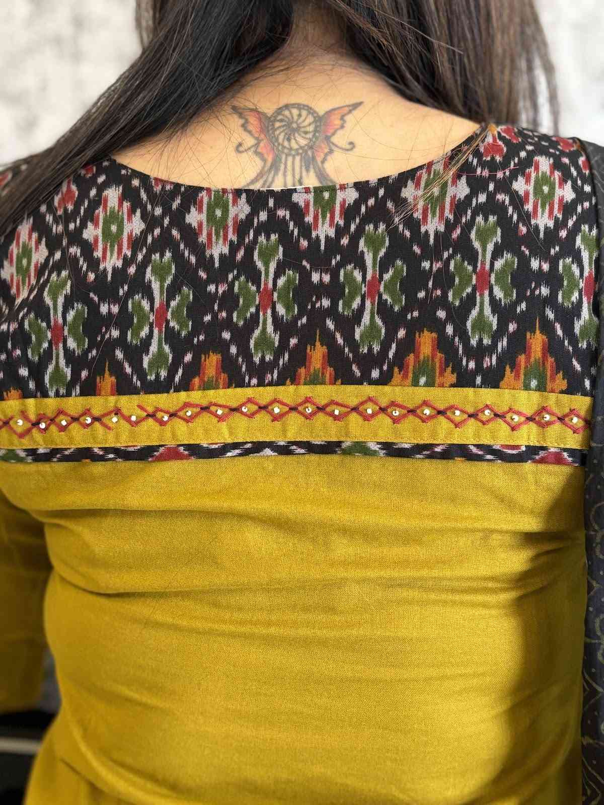 premium-cotton-suit-with-ikkat-patch-work-at-front-back-with-katha-shell-work-paired-with-block-print-mul-cotton-dupatta-mustard-green-3