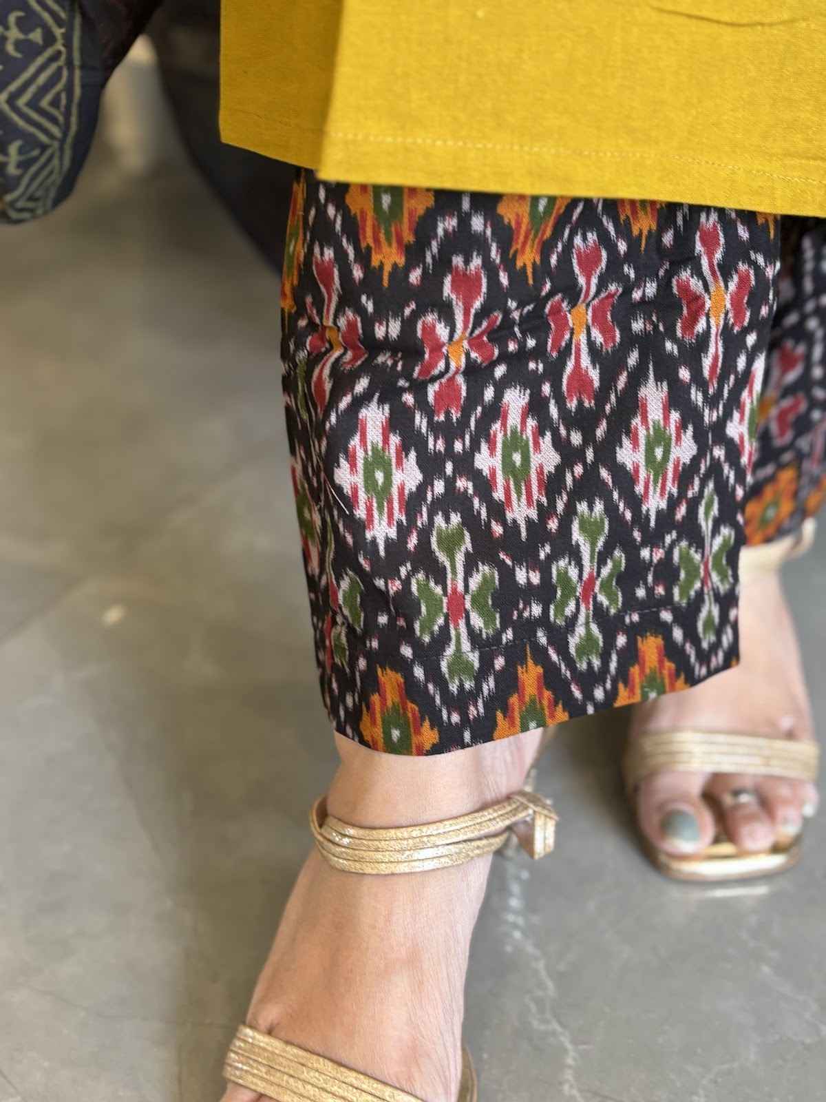 premium-cotton-suit-with-ikkat-patch-work-at-front-back-with-katha-shell-work-paired-with-block-print-mul-cotton-dupatta-mustard-green-4