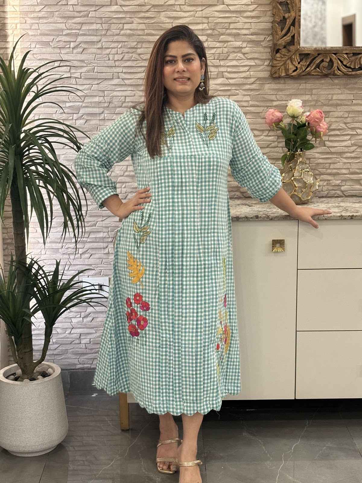 premium-handloom-gamcha-checks-embroidered-dress-with-applique-work-bluish-green-1